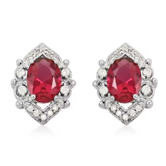 Simulated Ruby and Simulated Diamond 3.60 ctw Stud Earrings - Picture 1 of 6